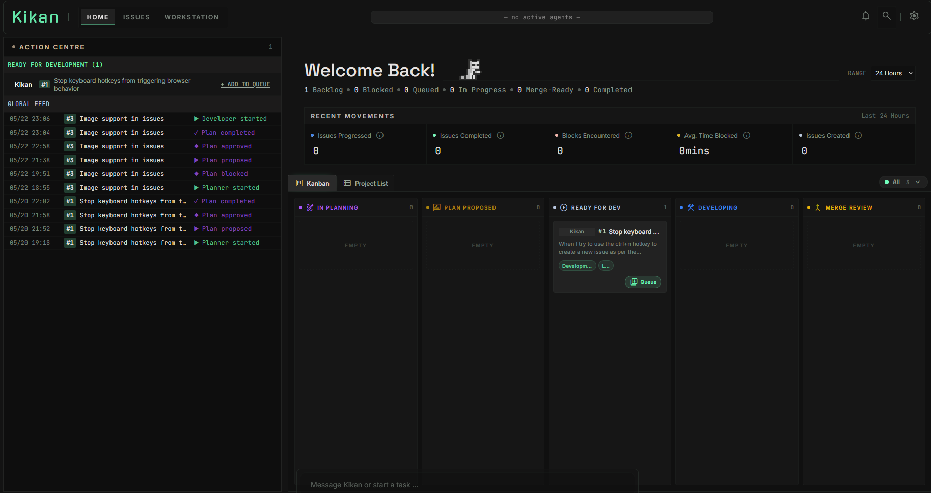 Kikan home dashboard showing the action centre, recent movements, activity metrics, and Kanban board