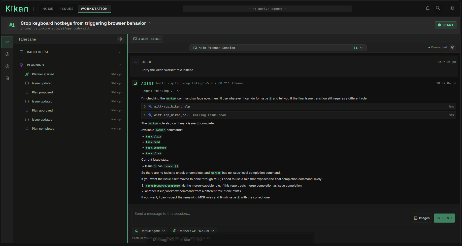 Kikan workstation showing an issue timeline beside agent logs and planner messages